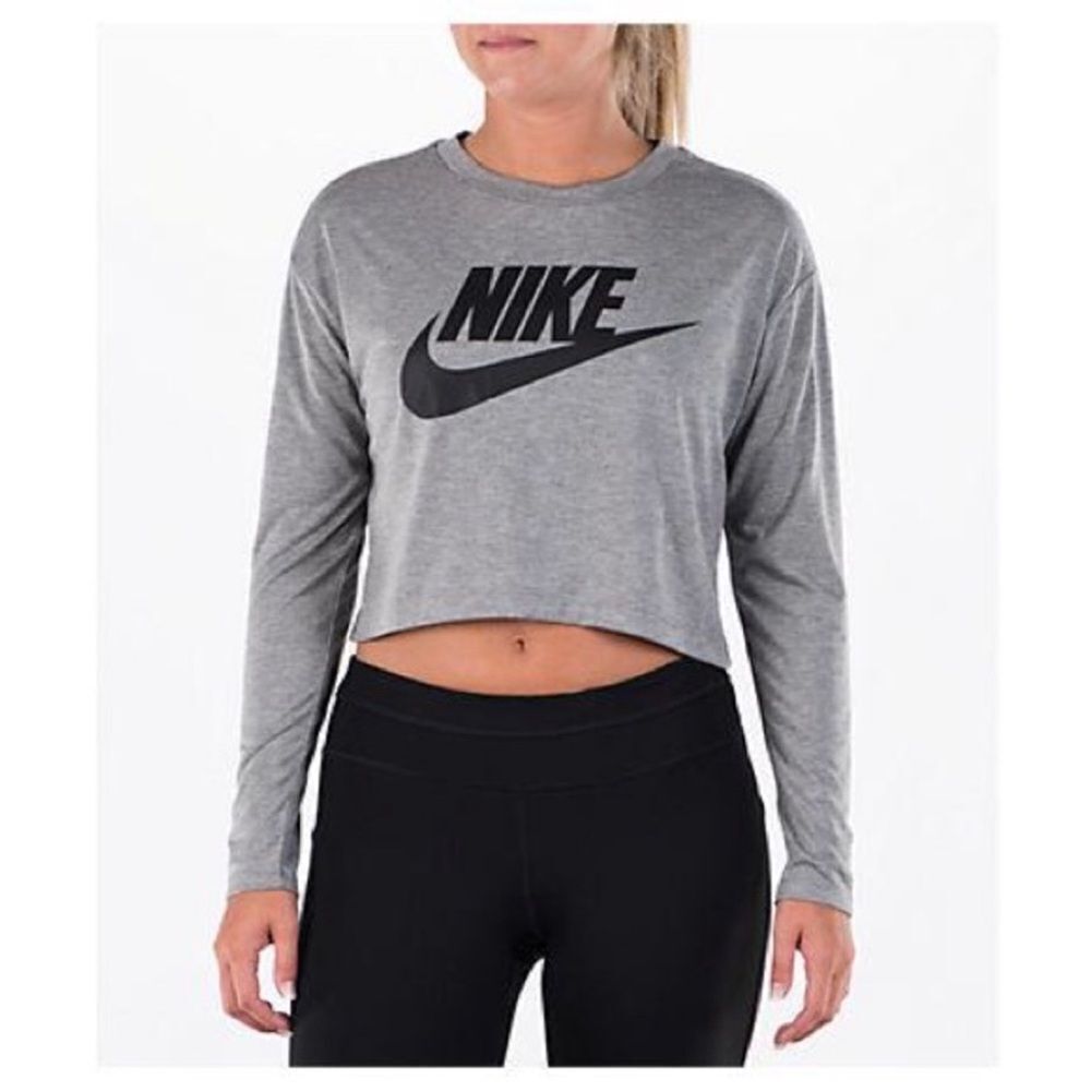 NIKE | Gray & Black Graphic Cropped Sportswear Long Sleeve Shirt Women’s Size M